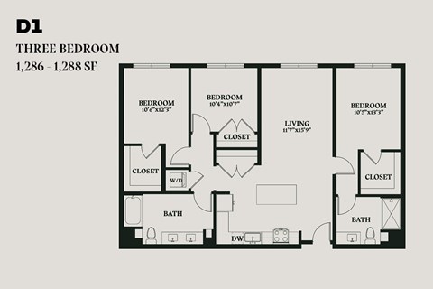 Floor plan for 3 beds, 2 baths, 1289 sqft